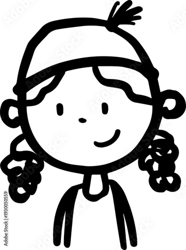Hand Drawn Cute Cartoon Girl Black and White Avatar Illustration in Minimal Line Art Style Design