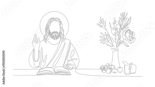 Jesus Christ Blessing and Reading the Holy Bible with Flowers and Offerings.