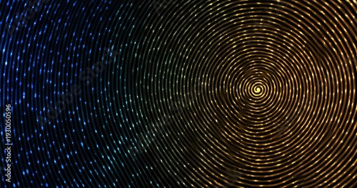 Fond abstrait avec des cercles concentriques de points lumineux bleus et dorés créant un effet de tunnel numérique et de vortex technologique.