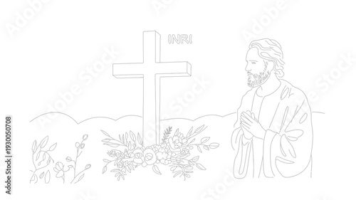 Jesus Christ Praying Before Cross with INRI Sign Religious Illustration.