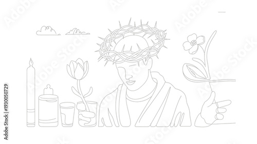 Line Art of Man Wearing Crown of Thorns with Symbolic Elements.