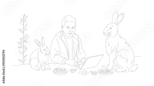 Modern Man Working on Laptop Surrounded by Rabbits and Food Illustration.