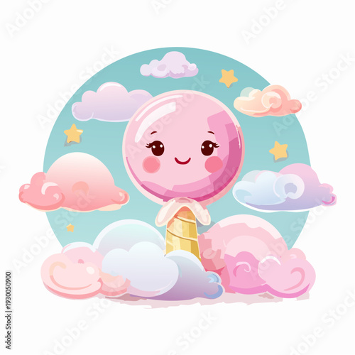 Adorable cartoon ice cream character surrounded by fluffy clouds and stars.