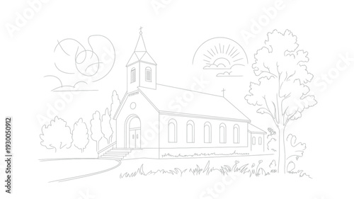 Traditional Church Building with Steeple Surrounded by Peaceful Nature.