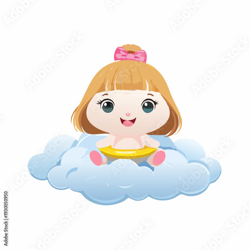 Adorable cartoon girl floating on a cloud with a joyful expression.
