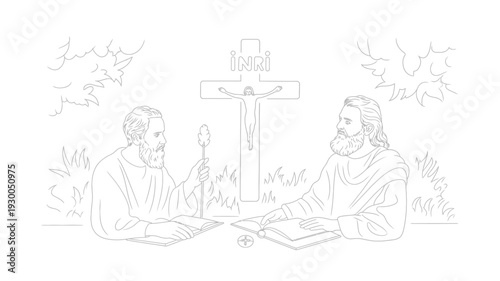 Two Men in Ancient Robes Discussing Scripture with Crucifix Background.