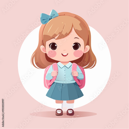 Cartoon illustration of a smiling schoolgirl with a pink backpack.