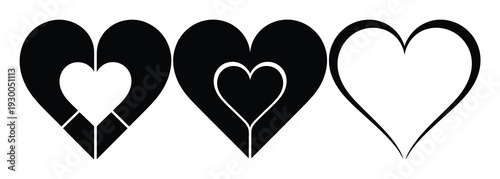 Three stylized hearts in black and white, representing love and connection