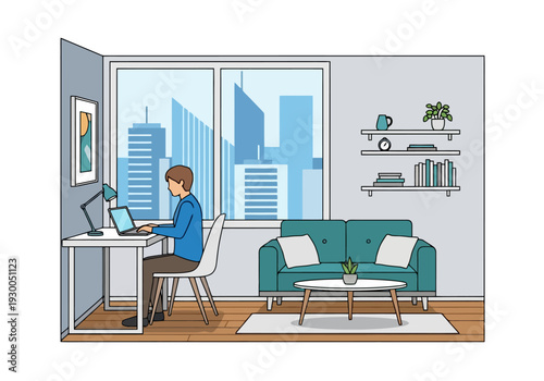 Person working remotely from home office with urban city view and laptop on desk creating a modern living space for productive work sessions