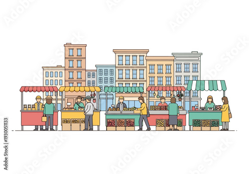 Outdoor Market Scene With People Buying Fresh Produce In Front Of Various Colorful Buildings And Stalls
