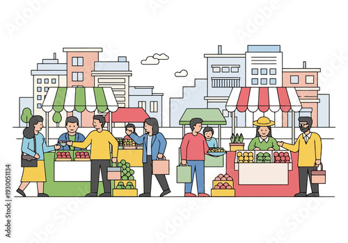 Diverse Customers Engage in Lively Outdoor Market Activity Purchasing Fresh Produce and Goods from Stalls Amidst Urban Buildings and Open Sky