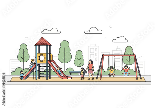 Children enjoying recreational outdoor playground equipment with swings and slides in a park setting with trees and buildings
