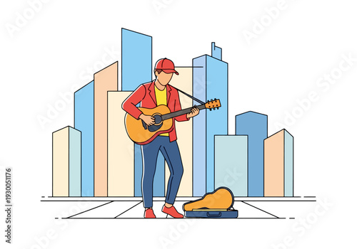 Outdoor Musician Playing Guitar in Urban Setting with Tall Buildings Background Performing Live Acoustic Music for Passersby