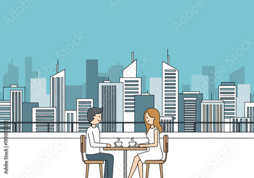 Couple enjoys outdoor cafe table setting overlooking modern city skyline with abstract buildings under clear sky for urban lifestyle depictions