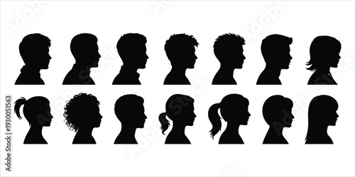 Diverse Black Silhouettes of Human Heads and Hairstyles for Men and Women profile person