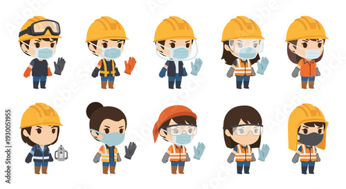 Safety Workers Vector Illustration, Flat Design, Protective Gear, Construction Site