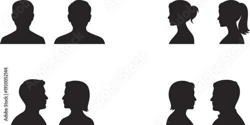Diverse Male and Female Silhouettes Facing Each Other and Apart Keywords: silhouette, people, male, female, man, woman, couple
