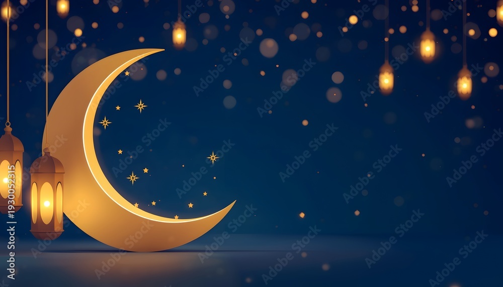 Fototapeta premium Luxury Islamic night background with glowing golden crescent moon, hanging lanterns, and sparkling stars on deep blue backdrop. Elegant festive design, Ramadan promotions, banners, and greetings.