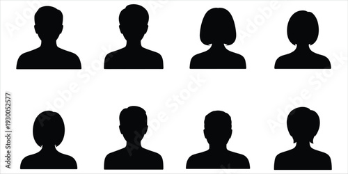 Eight Black Silhouette Busts of Men and Women on White Background illustration vector