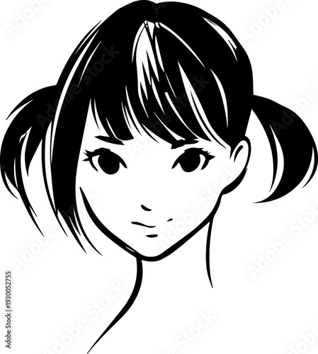 Hand Drawn Cute Cartoon Girl Black and White Avatar Illustration in Minimal Line Art Style Design