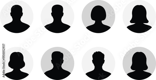 Eight Silhouette Profile Icons of Men and Women in Circles on White illustration vector