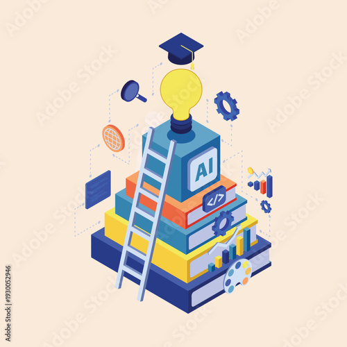 Isometric Stack of Knowledge Digital Learning Path with AI, Books, and Innovation – A Geometric Concept of Technology Education and Intellectual Growth