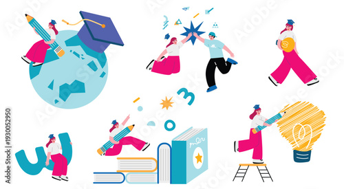 留学生の女の子のイラストセット