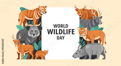 Illustration design for World Wildlife Day featuring various endangered animals like giraffe, elephant, and rhinoceros in a colorful composition with a beige background.