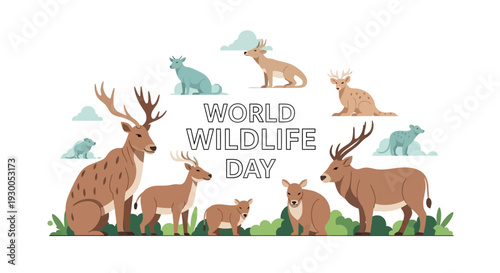 Illustration of various animals including deer, giraffe, and zebra celebrating World Wildlife Day with a design promoting wildlife conservation and biodiversity protection on a clean white