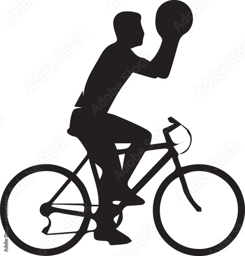 Silhouette of a Man Riding a Bicycle and Playing Basketball Concept on White Background