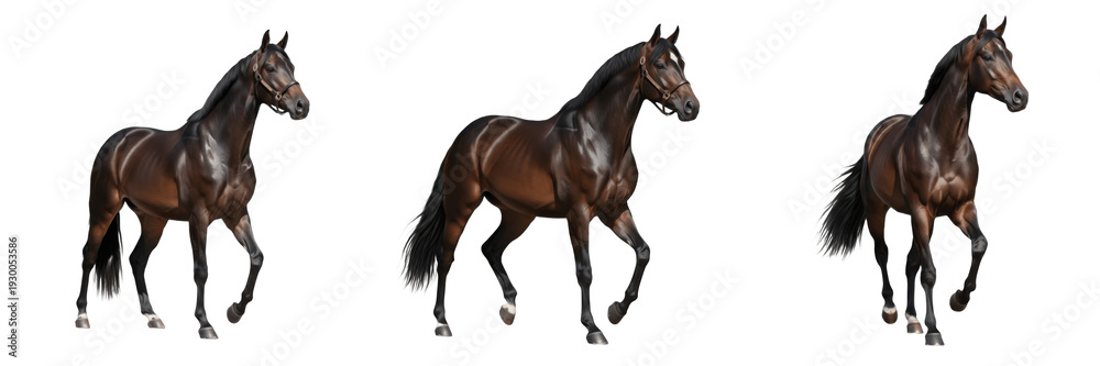 Fototapeta premium Three Bay Horses Isolated on White Background – Trio of Dark Brown Stallions Trotting Side View