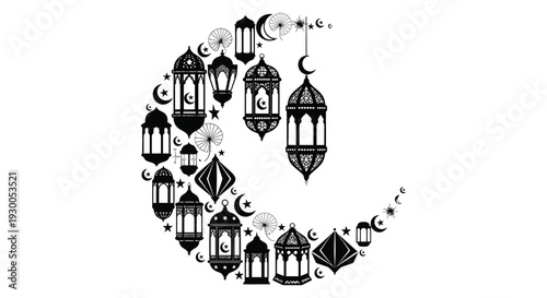 An ornate arrangement of islamic lanterns and crescent moons creates a circular design silhouette high quality professional detailed