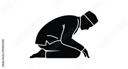 A devout muslim man in traditional clothing is depicted in a posture of prayer silhouette high quality professional