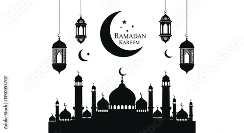 A decorative ramadan kareem greeting featuring a crescent moon lanterns and a mosque skyline silhouette high quality professional