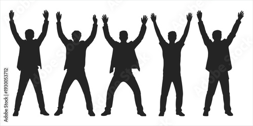 Five Men Silhouettes With Arms Raised In Celebration Or Excitement On White Background Keywords: men, silhouettes, arms raised