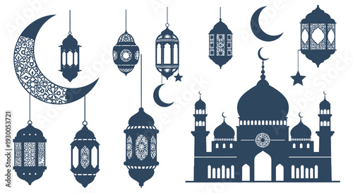 A collection of ornate islamic lanterns crescent moons a mosque and stars in a dark blue silhouette