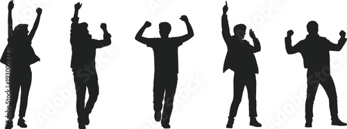 Five Silhouettes of People Celebrating With Arms Raised in Victory on White Background success