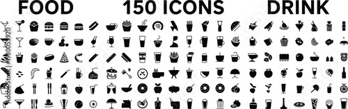 Large collection of black and white food and drink icons on a white background vector illustration