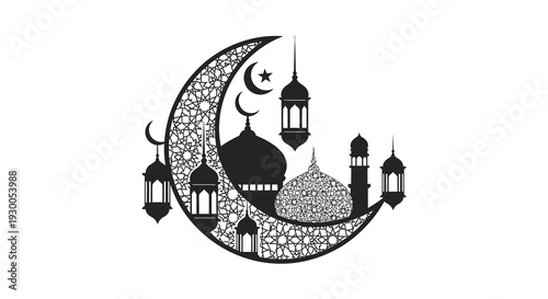 An intricate black silhouette depicts a crescent moon mosque and lanterns evoking islamic artistry silhouette high quality professional