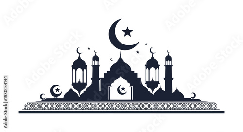 An elegant black silhouette depicts a mosque crescent moon and stars evoking islamic traditions silhouette high quality professional