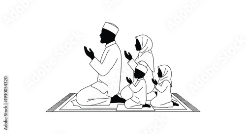 A muslim family father mother and two children praying together in a minimalist style silhouette high quality professional