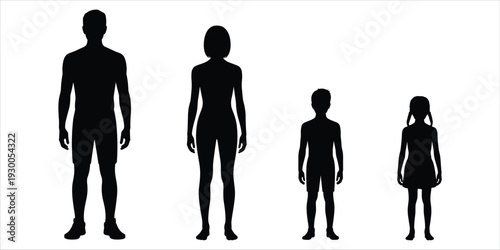 Four Black Silhouettes of People Showing Different Ages and Genders on White Keywords: silhouette, people, man, woman, boy, girl