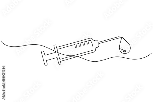 Continuous one line drawing of a medical syringe with a liquid drop for vaccination