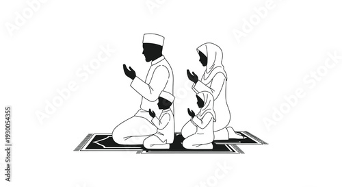 A muslim family of four kneeling in prayer on a rug depicted in a bold silhouette high quality