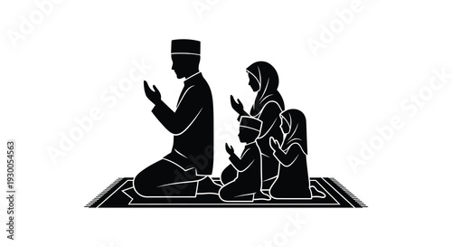 A muslim family of three are shown praying together in a striking black silhouette high quality professional detailed