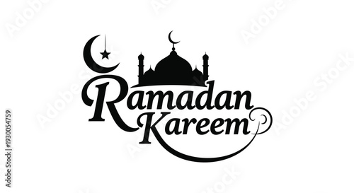 A striking ramadan kareem graphic with a crescent moon mosque and ornate lettering silhouette high quality professional detailed