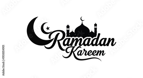 A stylized ramadan kareem greeting features a crescent moon and mosque depicted in silhouette high quality professional detailed