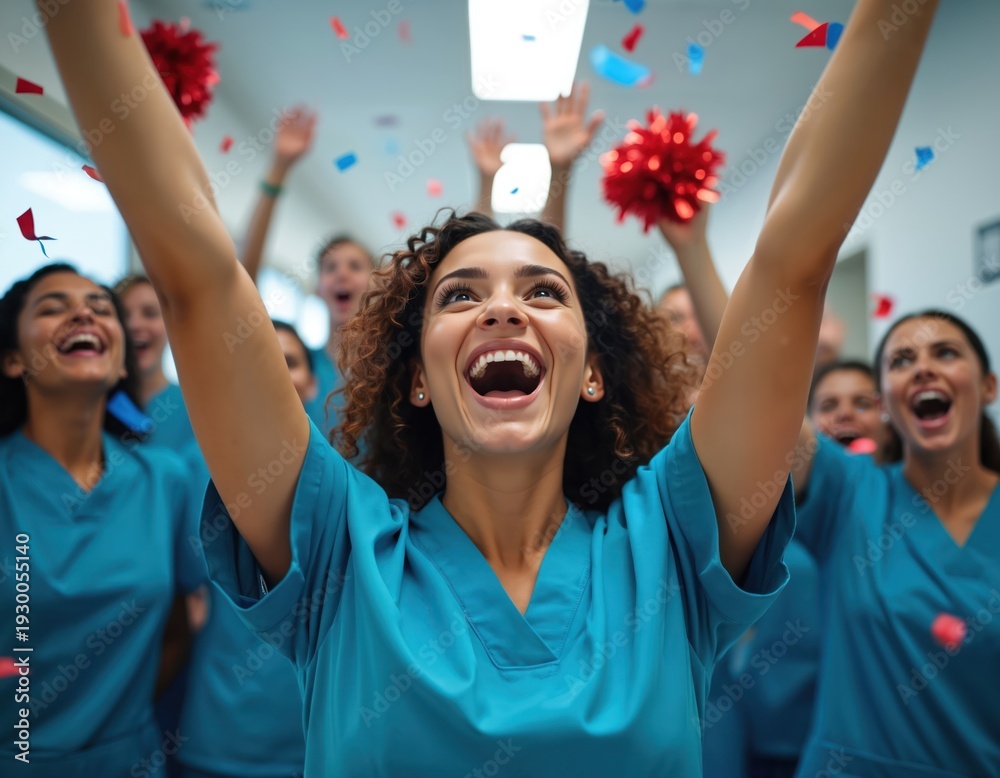 Fototapeta premium Hospital staff in scrubs cheer and toss confetti. Nurses celebrate achievement or holiday together. Team enjoys festive moment in bright hallway. Laughter and joy fill air during happy occasion.
