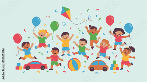 Children playing party toys balloons kite