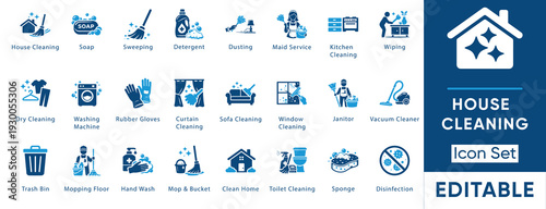 House cleaning and domestic chore icon set. Vector collection including sweeping, washing, dusting, vacuum cleaner, and soap symbols.